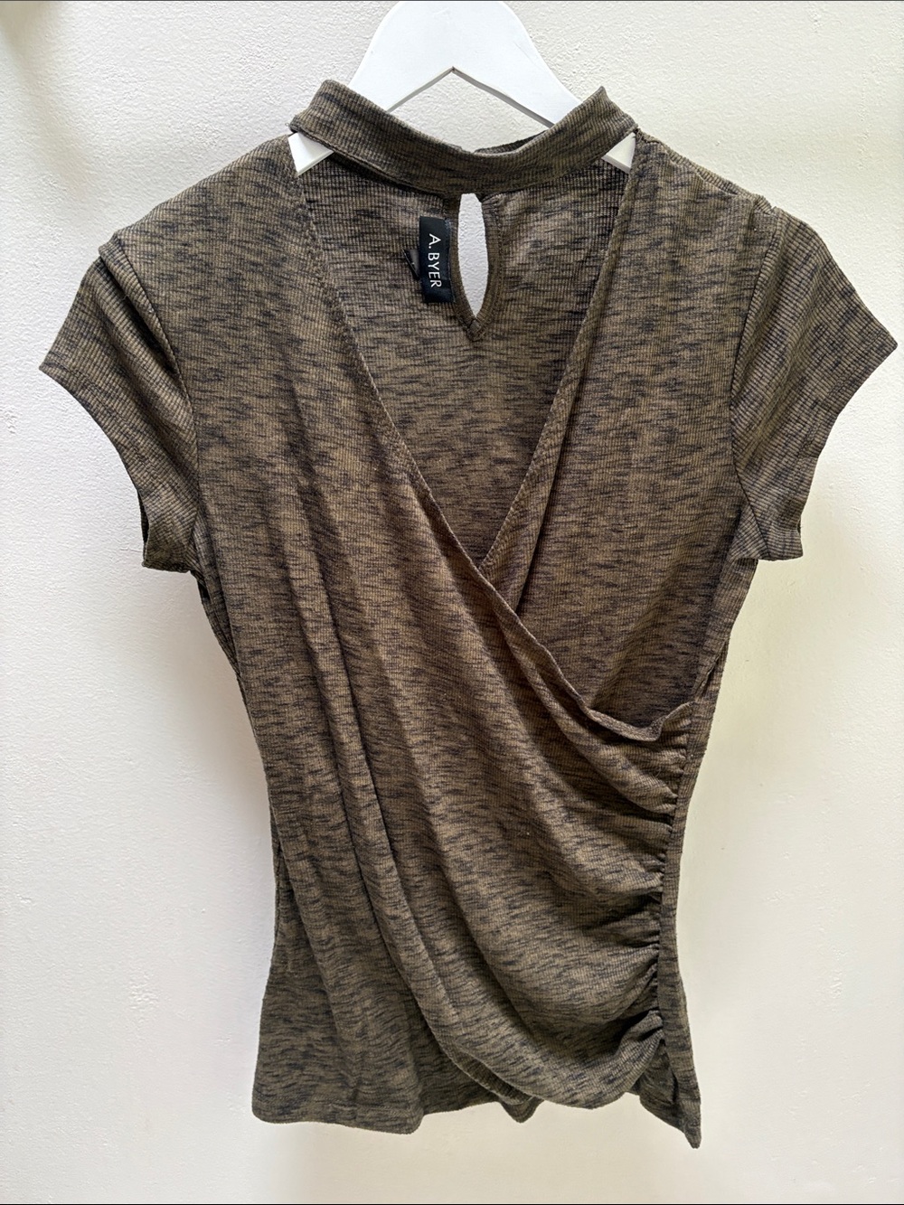 A. Byer Olive Brown Wrap-Style Short Sleeve Top